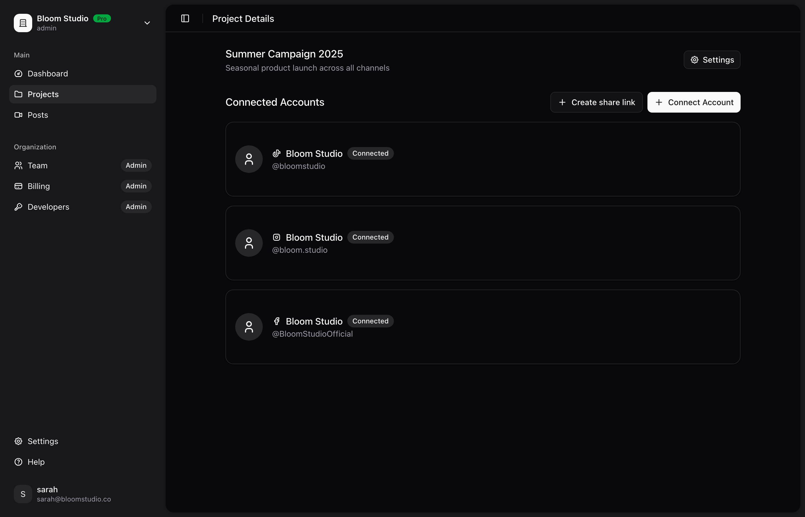 Connect accounts panel with multiple platforms